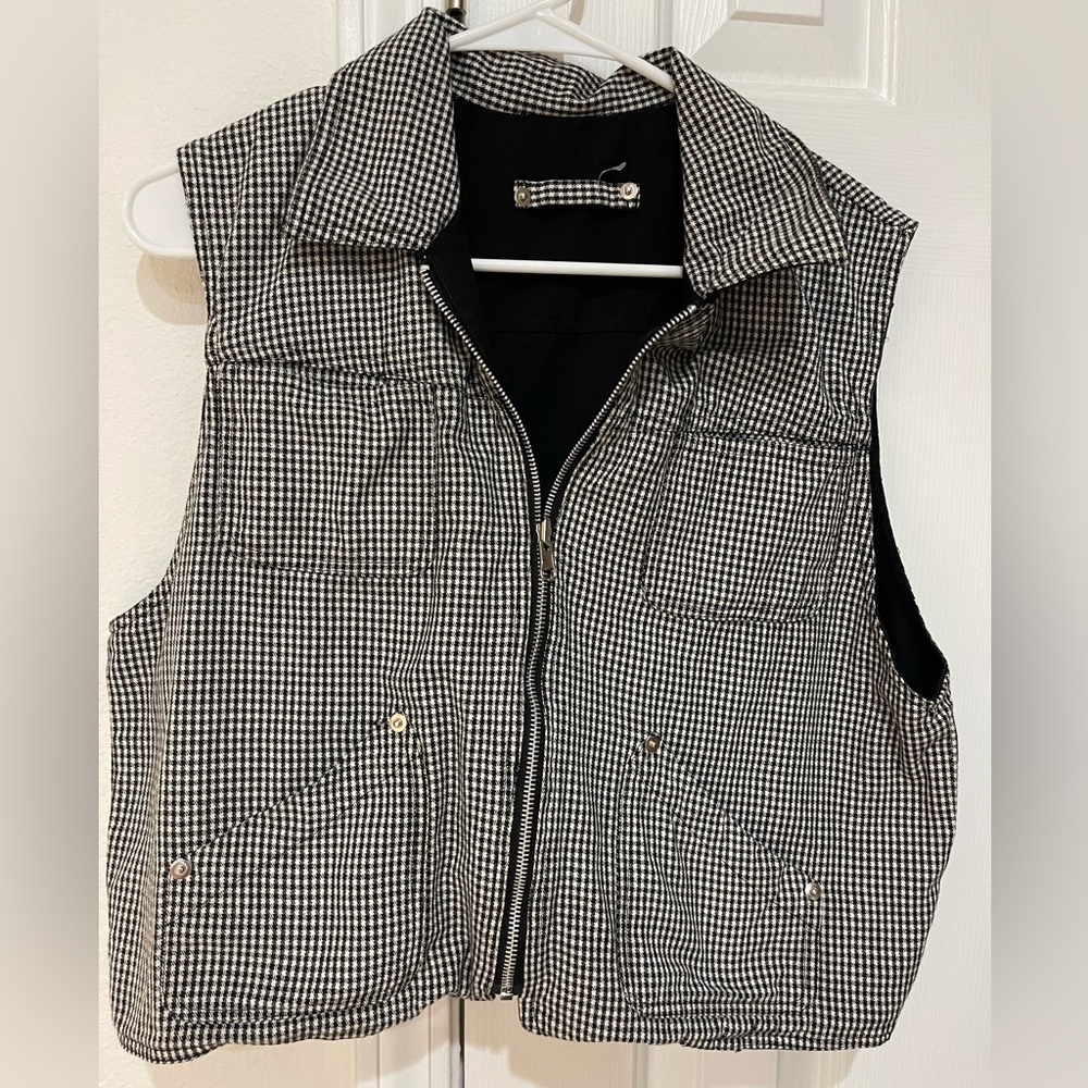 EUC DENIM REVERSIBLE VEST! Black & White Check/Gingham. 4 Pockets In & 4 Out!
